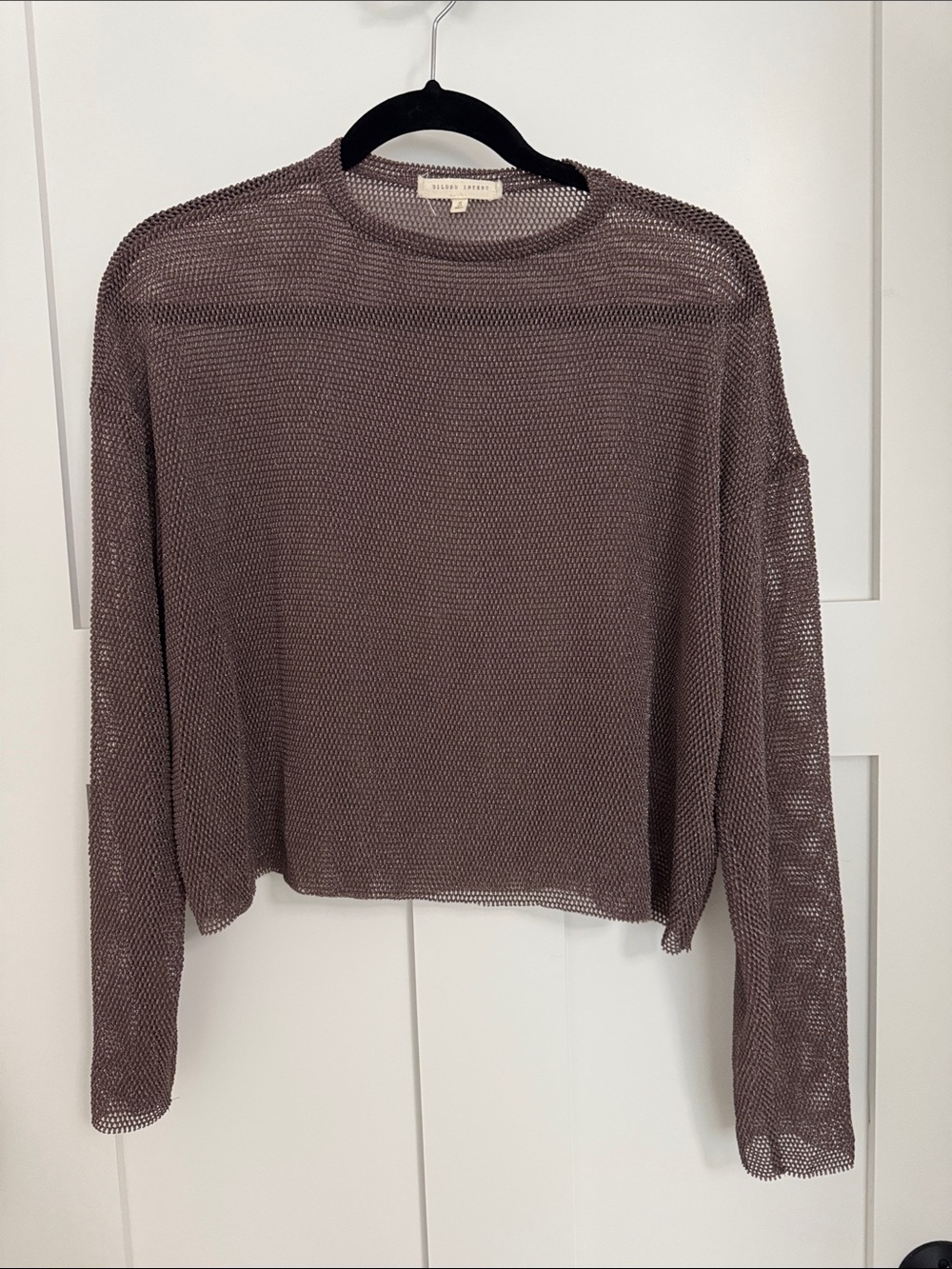 Mesh Open-Knit Long Sleeve Top -plum/brown